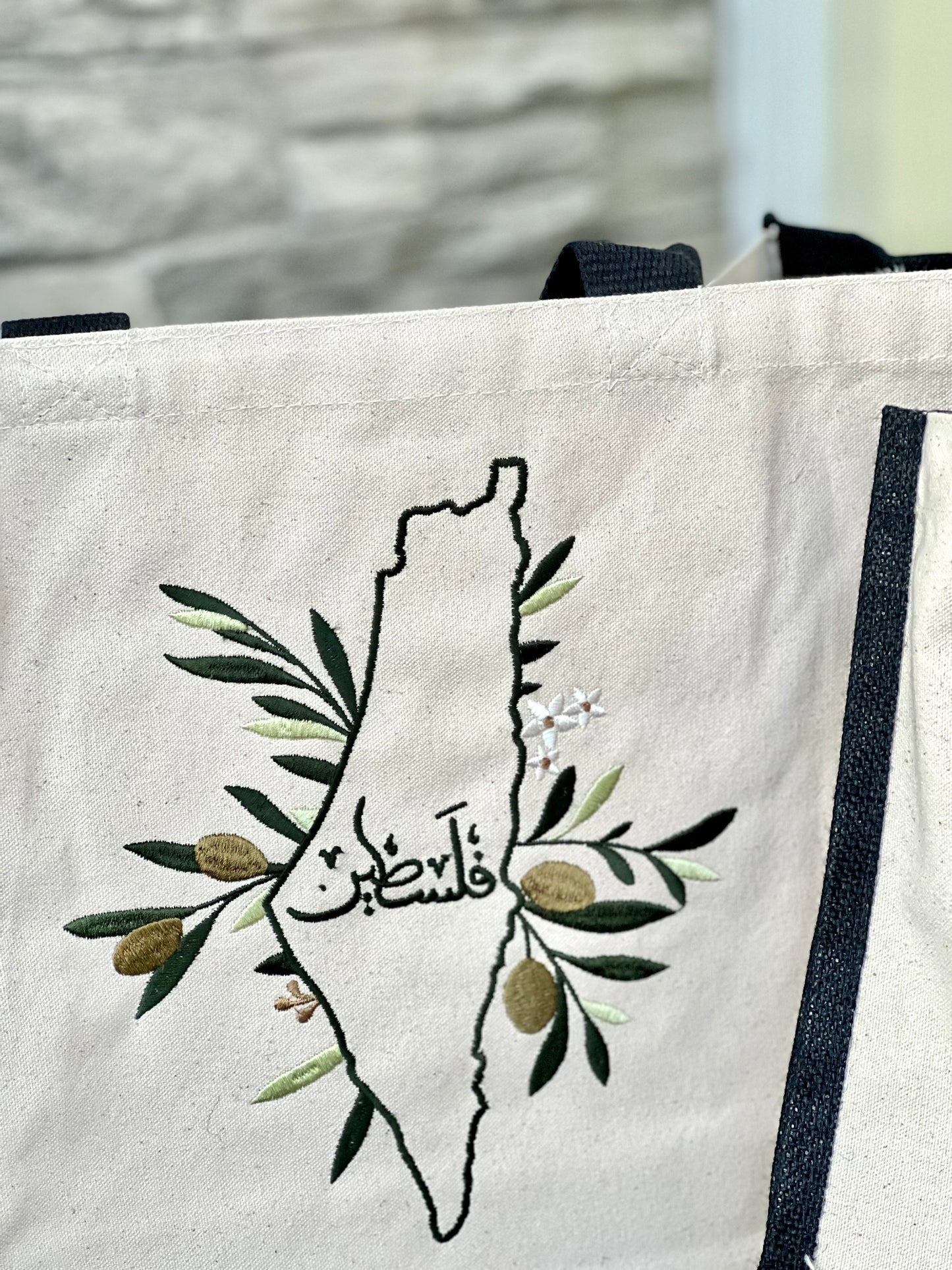 Embroidered Olive Palestine Tote Bag