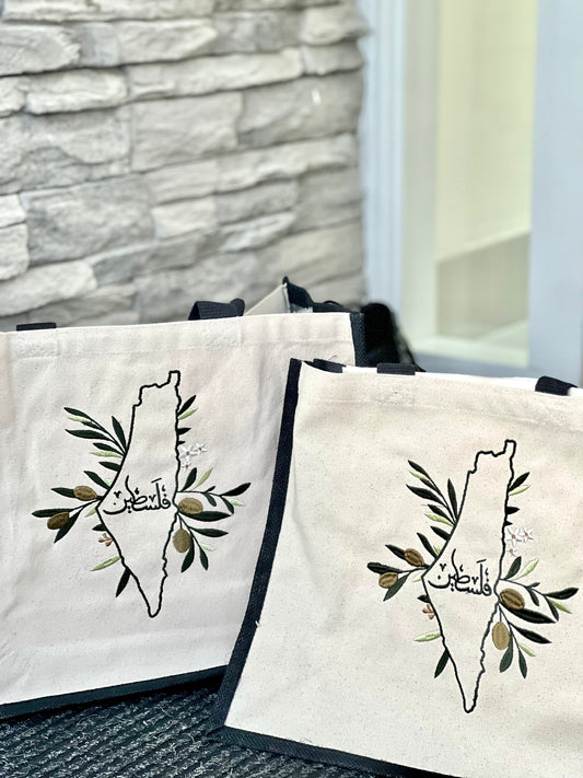 Embroidered Olive Palestine Tote Bag