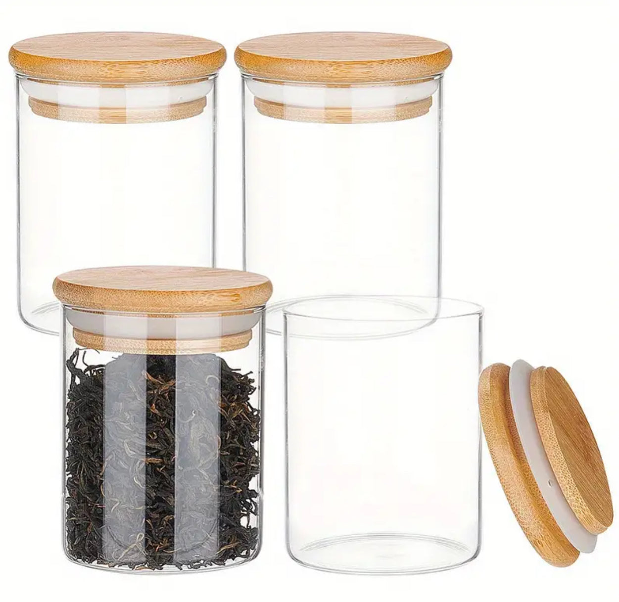 Glass Storage Jar with Suction Bamboo Lid - Clear - 6.5x8cm Capacity - 200ml - Jewellery Making Display & Packaging Supplies - Containers, Utensils